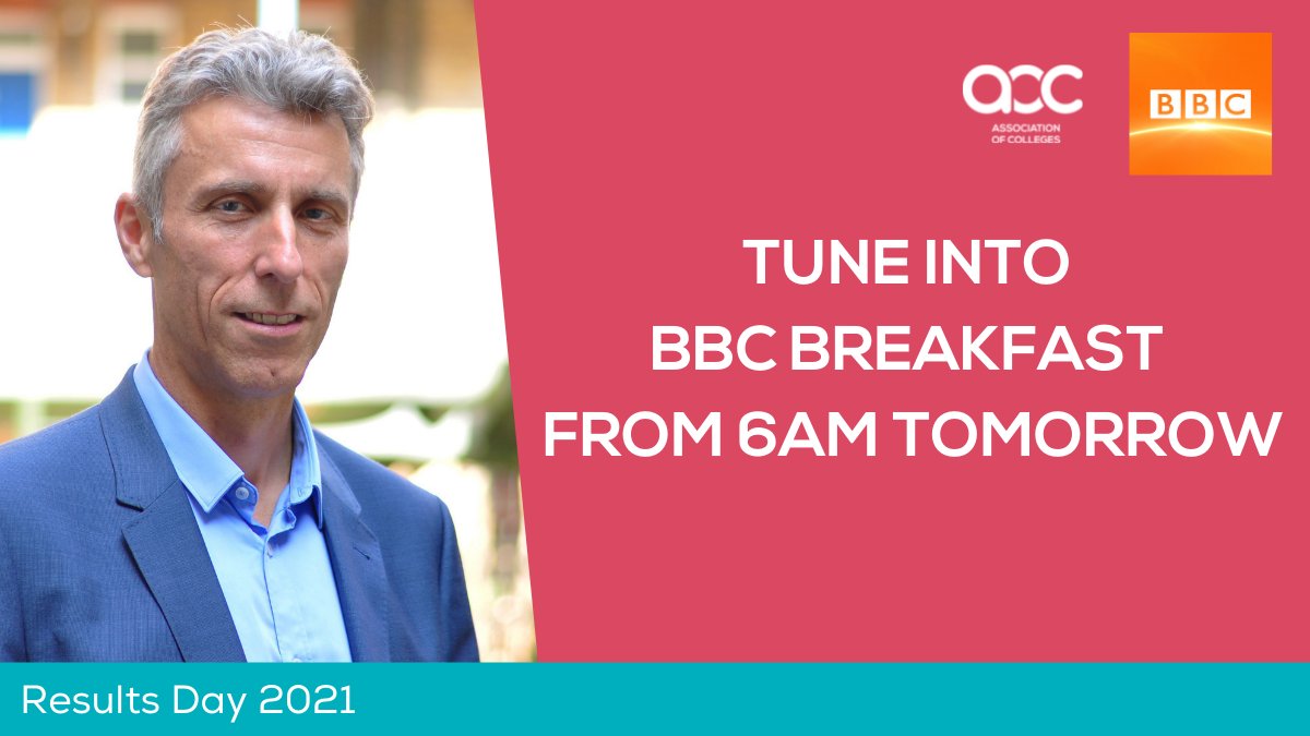 AoC_info's tweet photo. Tune into @BBCBreakfast tomorrow morning from 6am where @AoCDavidH will be visiting @Lborocollege and joining its Principal @Joannemaher to discuss this year's A Level and Vocational results days. https://t.co/rpp1b9Pc4g