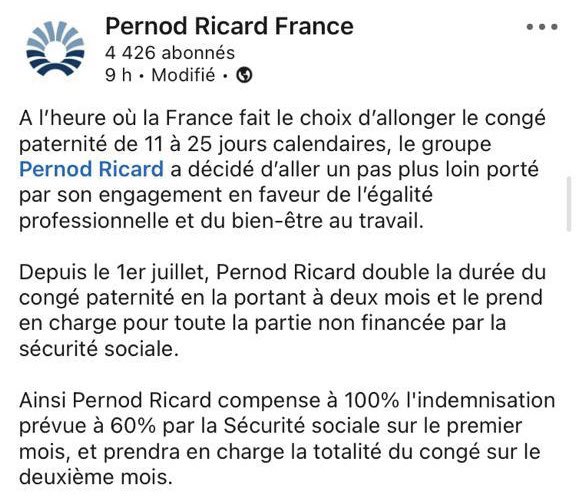 RaconCathy's tweet image. 👏 @Pernod_Ricard pour votre engagement en faveur de l’#egalite femme-homme. #congepaternite.

 Un exemple à suivre.