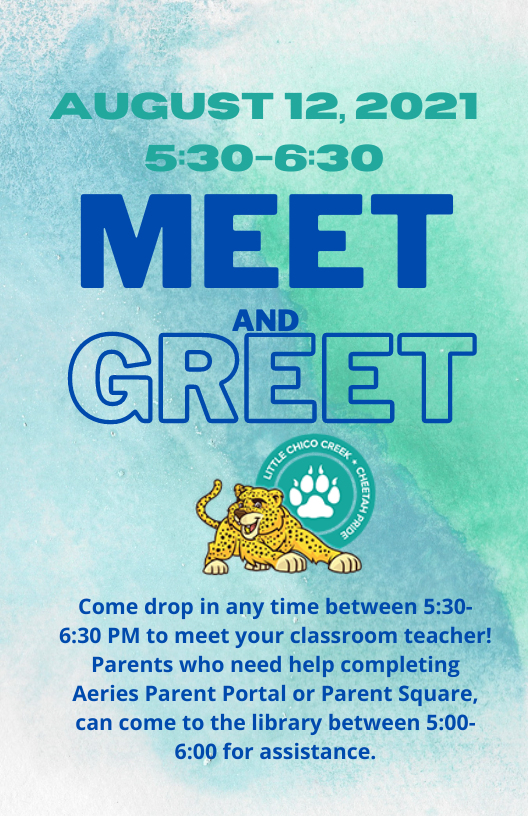 LCC_Cheetahs's tweet photo. Come join us this Thursday night for our Meet and Greet. Drop in any time between 5:30-6:30 to meet your child's teacher and see their classroom. Teacher reveals will be available Thursday morning at 9 am for parents that have completed the parent portal confirmation in Aeries. https://t.co/nXGqN5dJn4