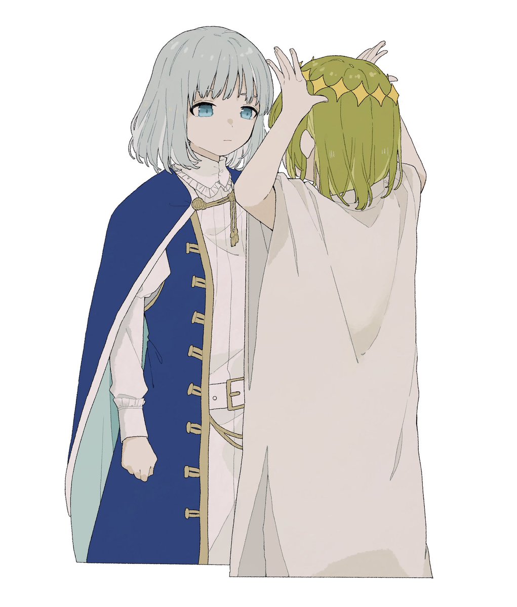 oberon (fate) blue eyes cape cloak white background grey hair crown white robe  illustration images