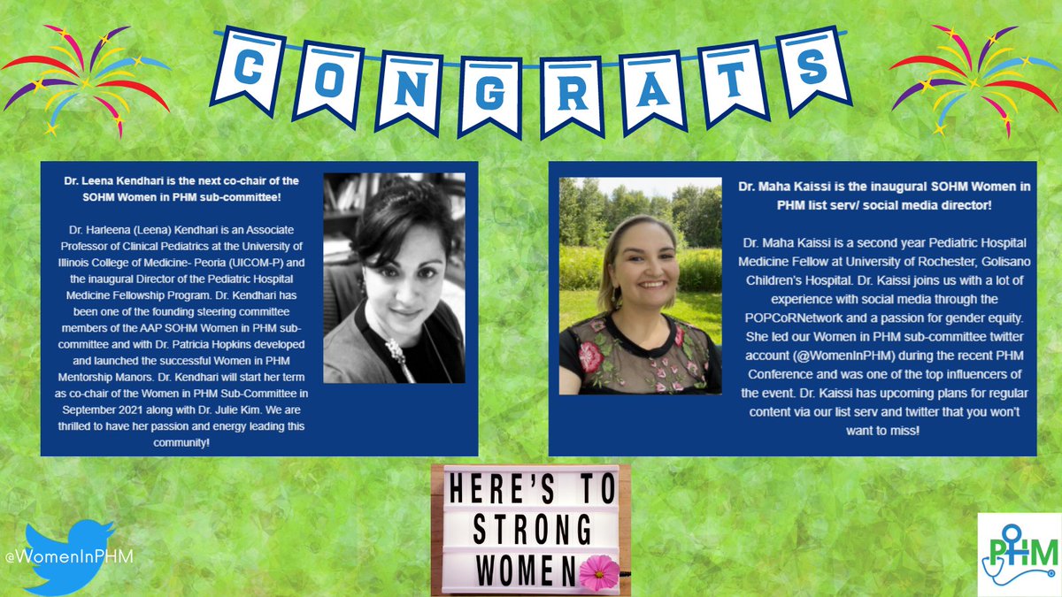 WomenInPHM's tweet photo. CONGRATULATIONS to @dr_leenz &amp; @maha_kaissi on their new leadership roles within the AAP SOHM @WomenInPHM Sub-Committee! #HerTimeIsNow #GiveHerAReasonToStay @AdvancePhm
- Dr. Leena Kendhari is our next co-chair!
- Dr. Maha Kaissi is the inaugural list serv/social media director! https://t.co/bpKrBCwIrH