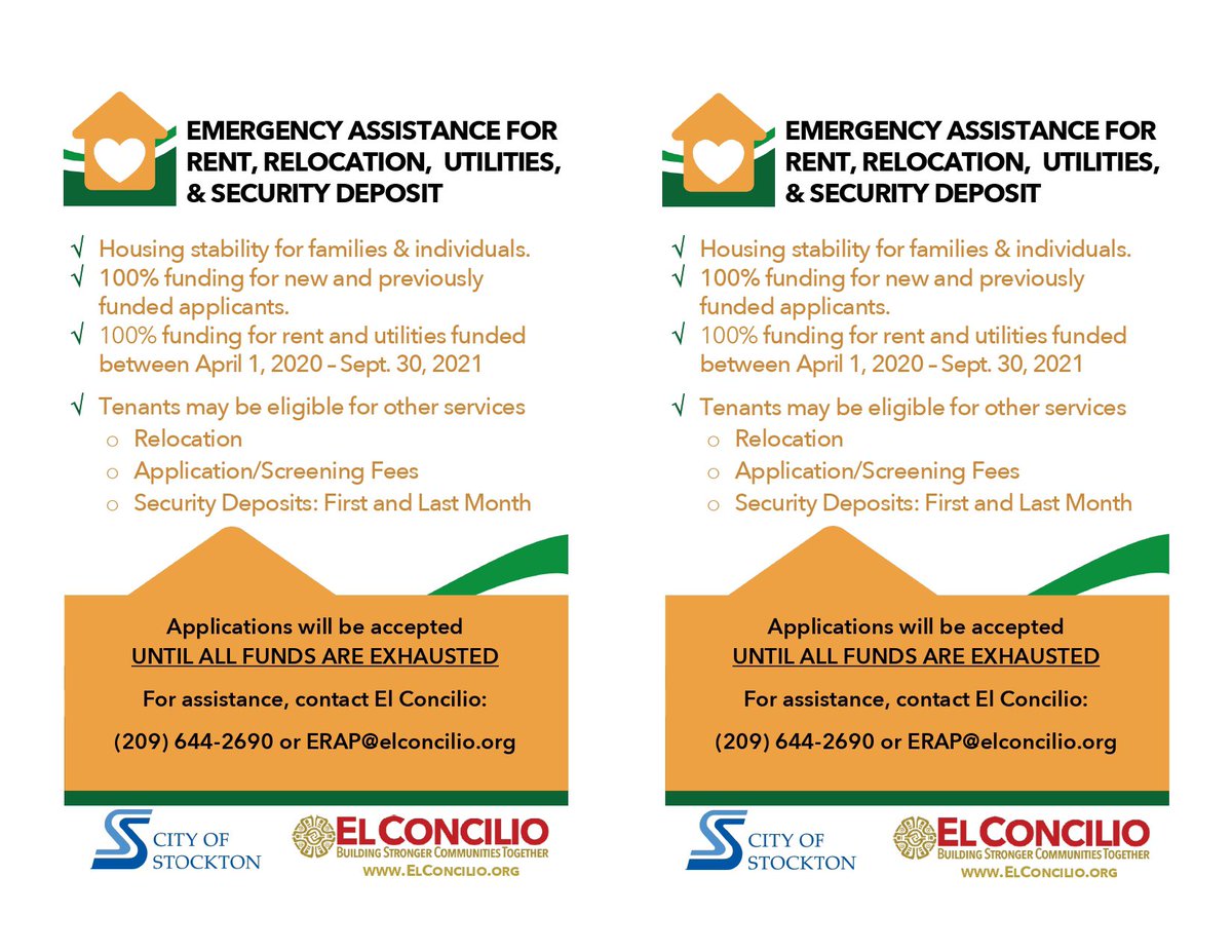 2-1-1 San Joaquin County (@211sj) on Twitter photo Have you applied for El Concilio emergency assistance for rent, relocation, utilities and or security deposit? Call today for more information (209) 644-2690 or erap@elconcilio.org Have you applied for El Concilio emergency assistance for rent, relocation, utilities and or security deposit? Call today for more information (209) 644-2690 or erap@elconcilio.org