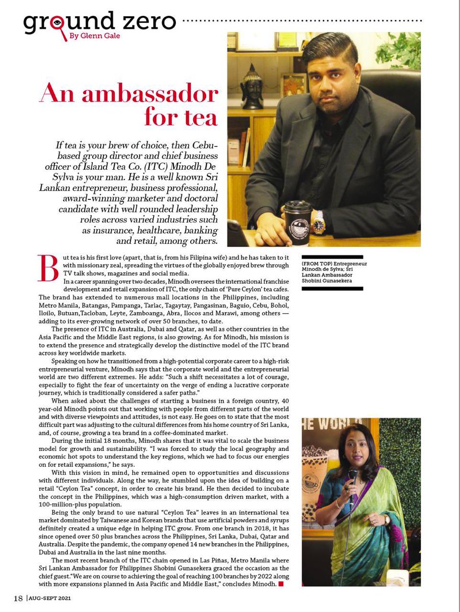 MinodhDeSylva's tweet photo. It’s an honour to be featured on Stargate “People Asia” international magazine by renowned journalist Glen Gale on the journey of @IslandTea_Co over the last 1 1/2 years and the progress made by the brand despite the pandemic…#expansion #Growth #pandemicproof https://t.co/P5Yo9gRjkG