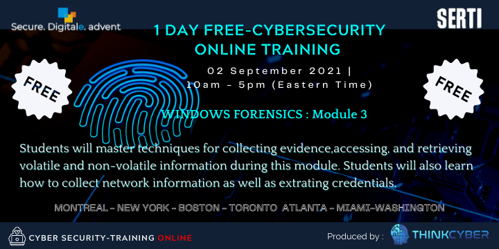 Securedigitale's tweet photo. ⭐100% FREE - CYBERSECURITY TRAINING Online 
 Date: 02 Sept 2021-Time: 10 am - 5 pm (Eastern Time)
👉Theme: Windows Forensics 
You will benefit from the knowledge of our expert trainers in cybersecurity and the simulator ''CYBERIUM ARENA''. Register here 👉https://t.co/O3PZnFBFrU https://t.co/jux5G38CsA