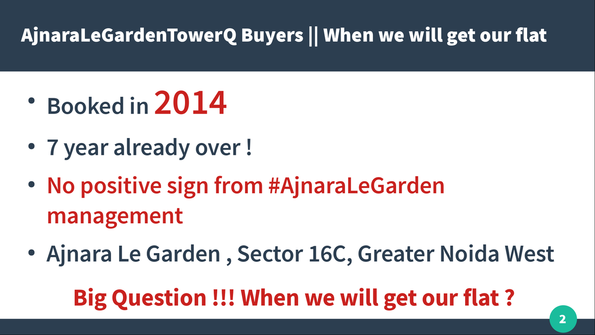 RajivAwasthi18's tweet photo. T-173 @UPRERAofficial @myogioffice @CMOfficeUP @AjnaraDeveloper @OfficialGNIDA @PMOIndia
@UPGovt
we have booked flat in 2014 in Ajnara Developer in Noida extension.7.5 years passed still no hope for geting flat. No authority is putting pressure on builder. #AjnaraLeGardenTowerQ https://t.co/JdOQSrX7oA