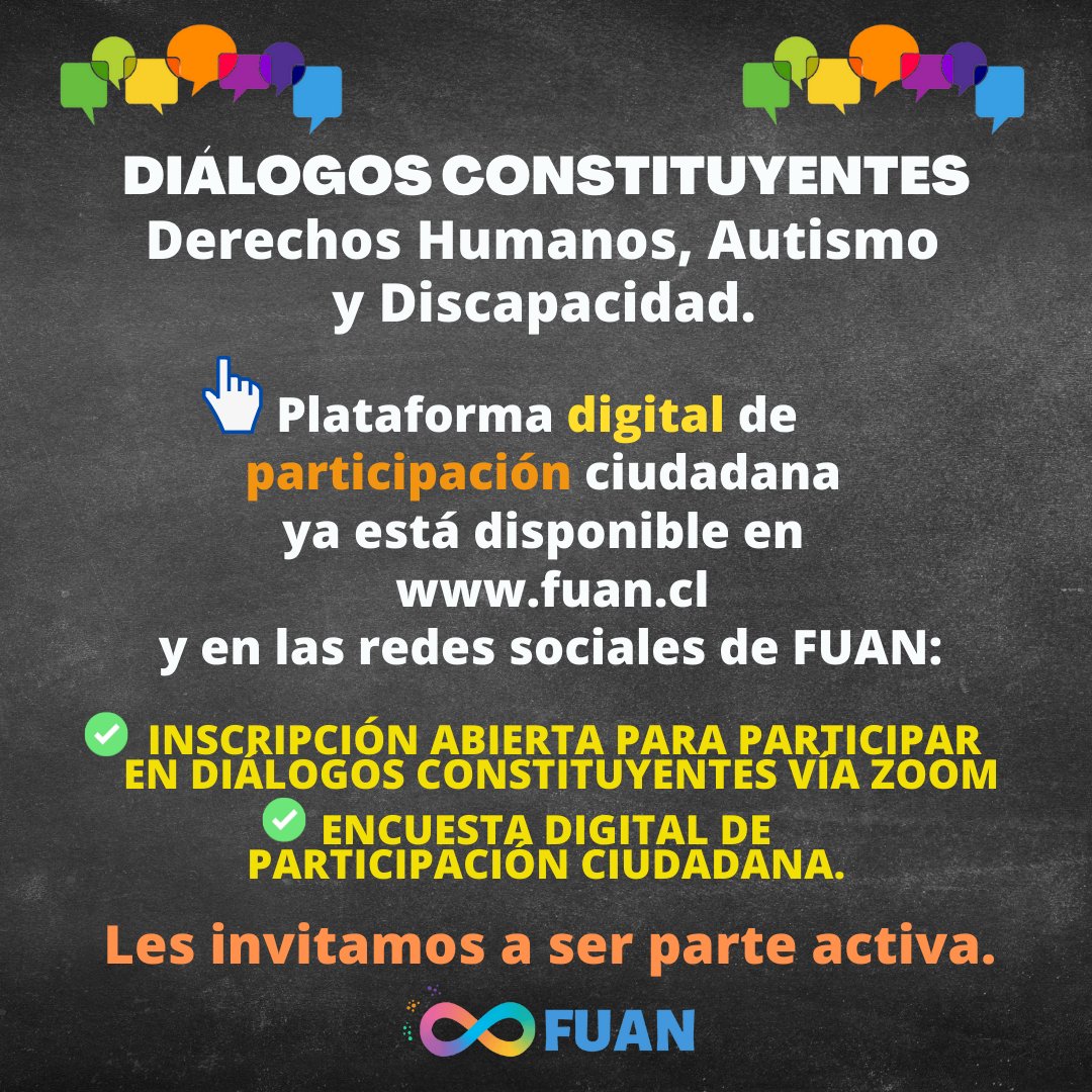 FuanFundacion's tweet photo. Fundación FUAN abre inscripción para Diálogo Constituyente Vía Zoom (cupos limitados): https://t.co/hF8iiVULef
Y pone a disposición encuesta digital: https://t.co/SwRlpYVK20 
Eje temático de ambas instancias: Salud.
Más info en: https://t.co/8HePTgFq3H
#DDHH #MiAutismoMiDerecho https://t.co/wGa70vDOEE