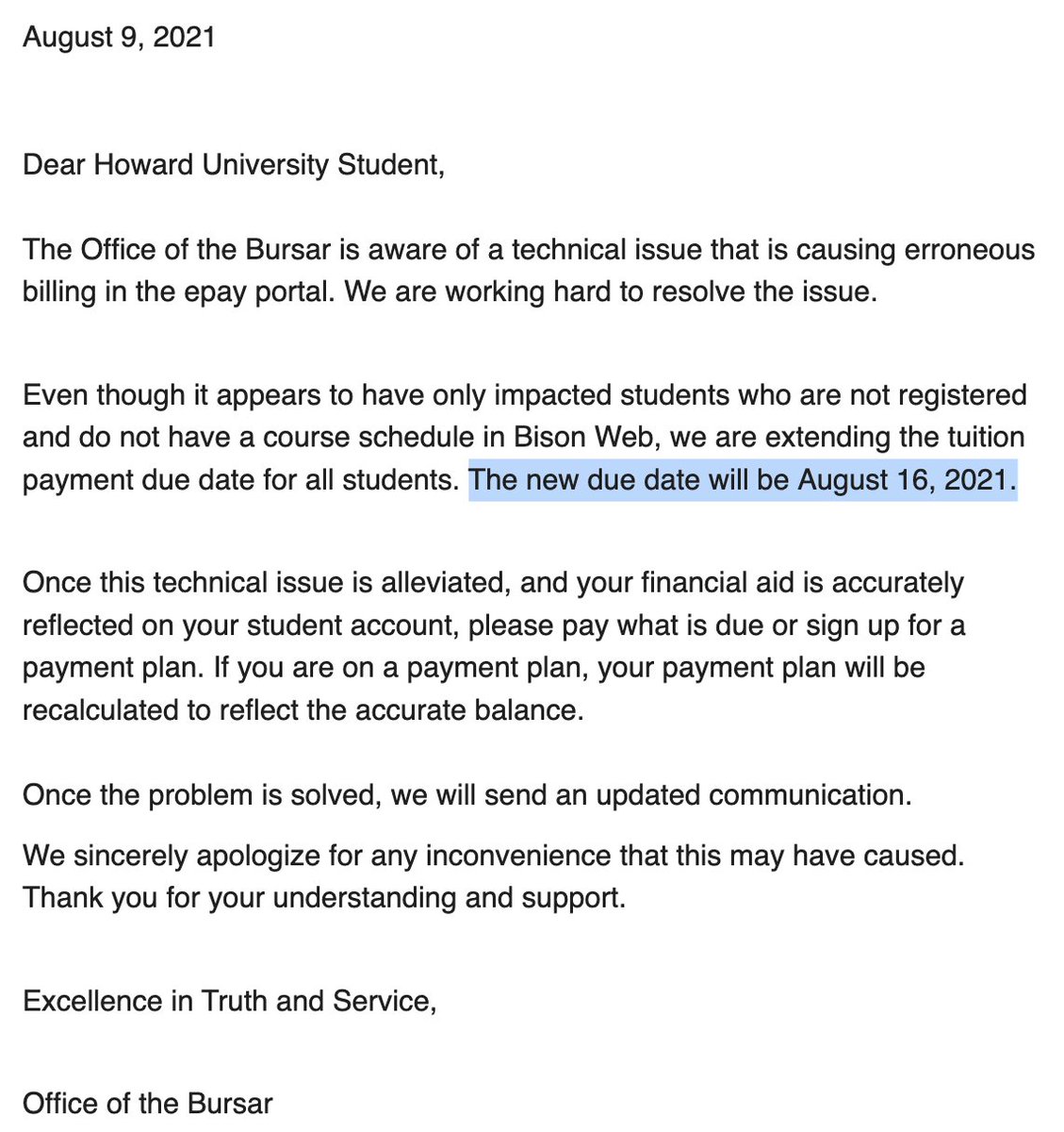 🚨 New Payment Deadline for Fall'21 Tuition announced by the Bursar in response to ongoing epay portal tech issues.

🗓 The new due date is August 16, 2021

Please view the attached screenshot and check your Howard email for full details! #Howard #HU25 #HU24 #HU23 #HU22 #HowardU