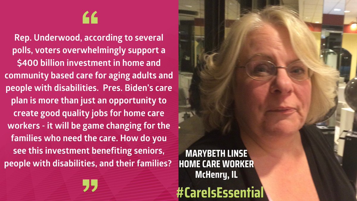 SEIUhciimk's tweet image. Home care worker Marybeth Linse couldn't attend today's townhall with @RepUnderwood, but that won't stop her from asking about how we can create a better long term care system for seniors, people with disabilities and working families. #CareIsEssential
