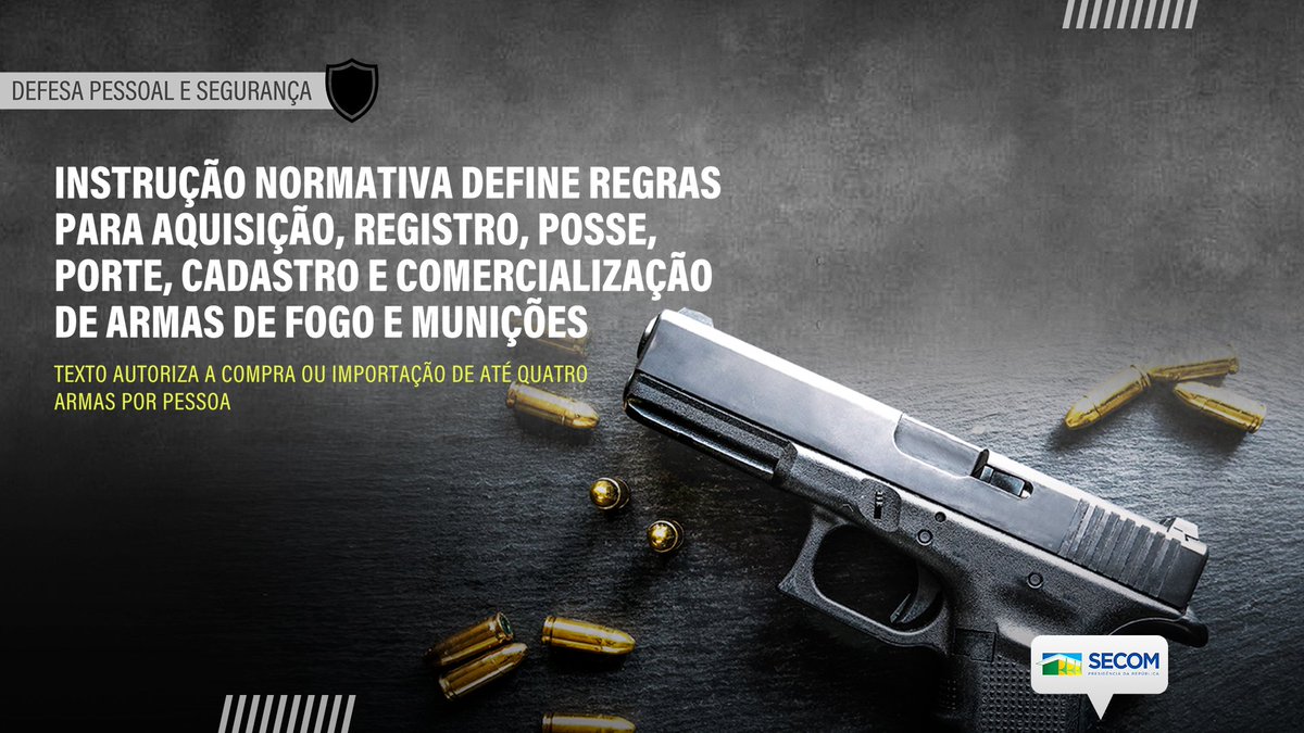 🇧🇷👍 Instrução normativa estabelece procedimentos relativos ao Sistema  Nacional de Armas e à aquisição, registro, posse, porte, cadastro e  comercialização de armas e munições. Cidadão está autorizado a comprar, no  máximo, quatro, image size:1200x675