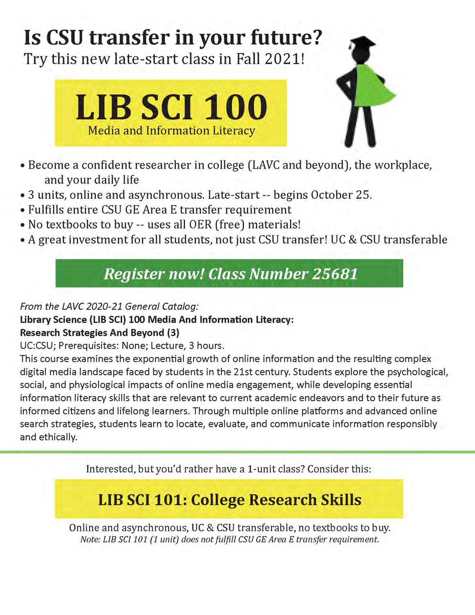 LAVC_WC's tweet photo. Interested in transferring to a CSU?! Check out the CSU transferable LIB SCI 100 class‼️ https://t.co/sTGwC031ic