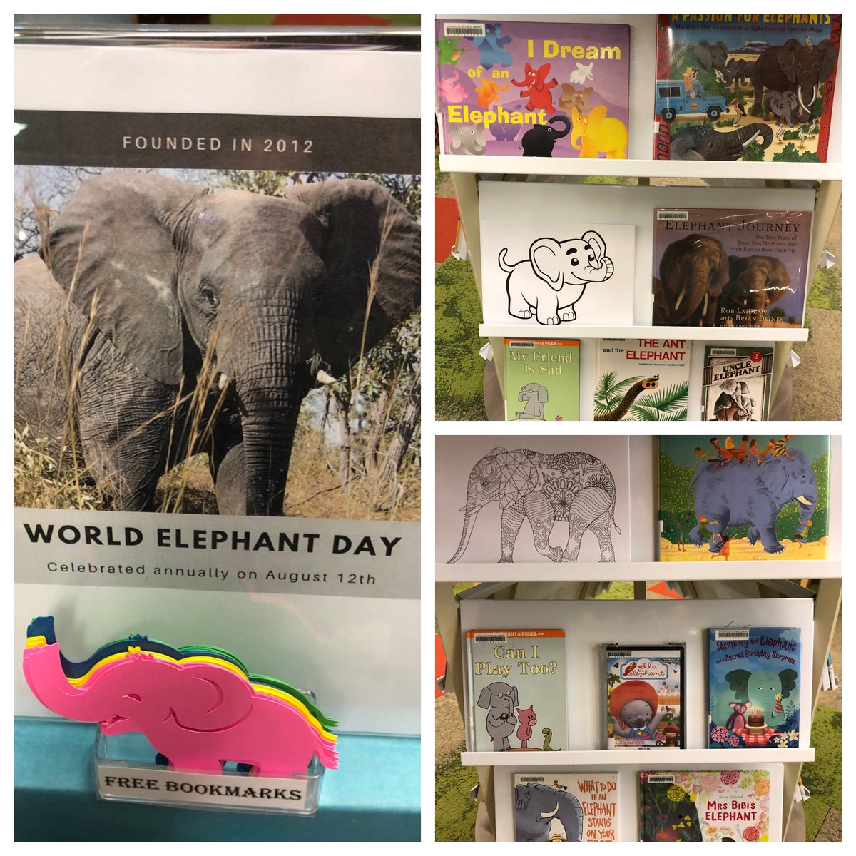 Bookman30022's tweet image. We’re celebrating #WorldElephantDay2021  (Aug 12) with a small book display and elephant bookmarks at #MiltonLibrary.  Come check us out!  @wrldelephantday @fulcolibrary