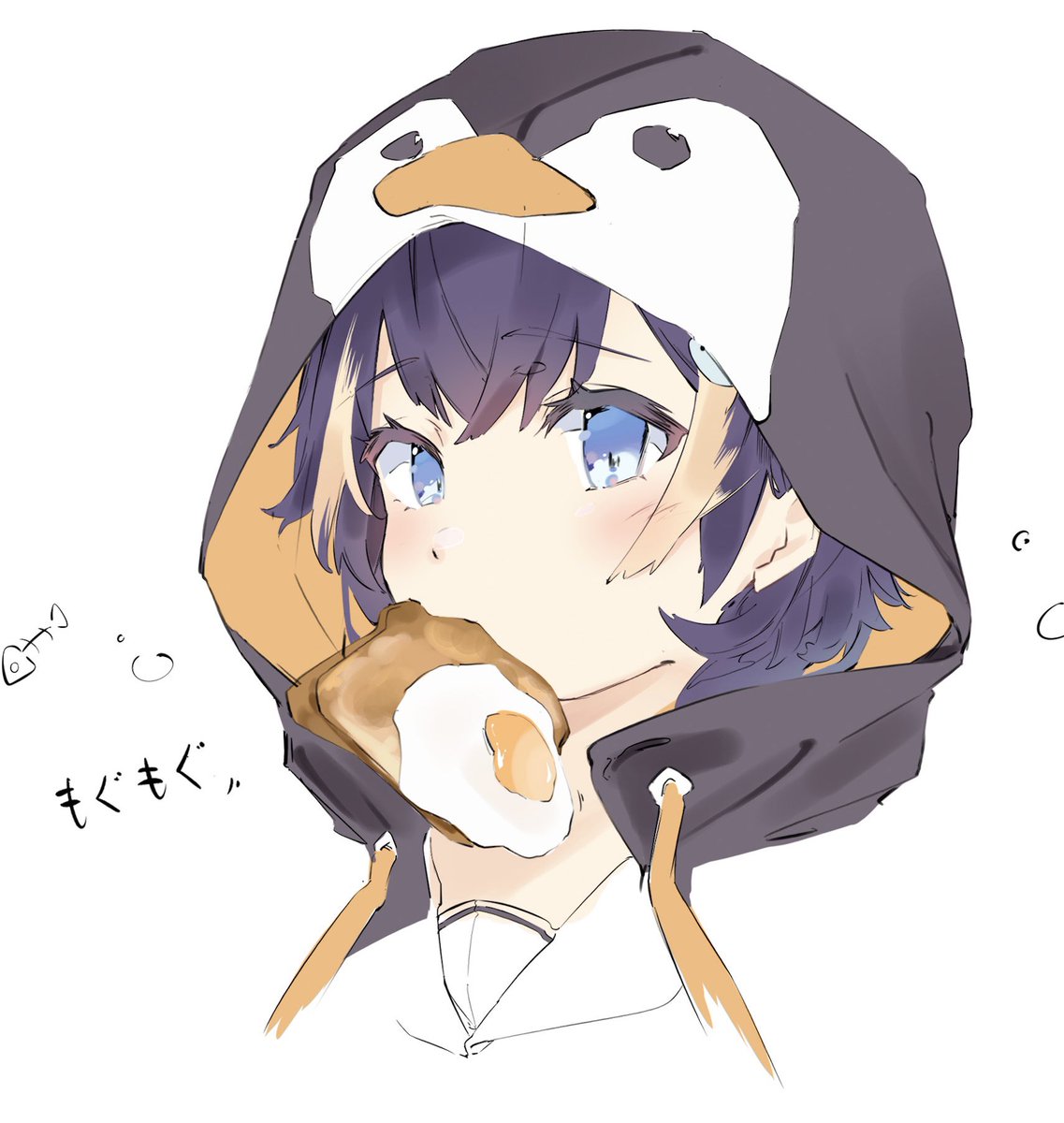 1girl hood solo blue eyes food penguin hood animal hood  illustration images