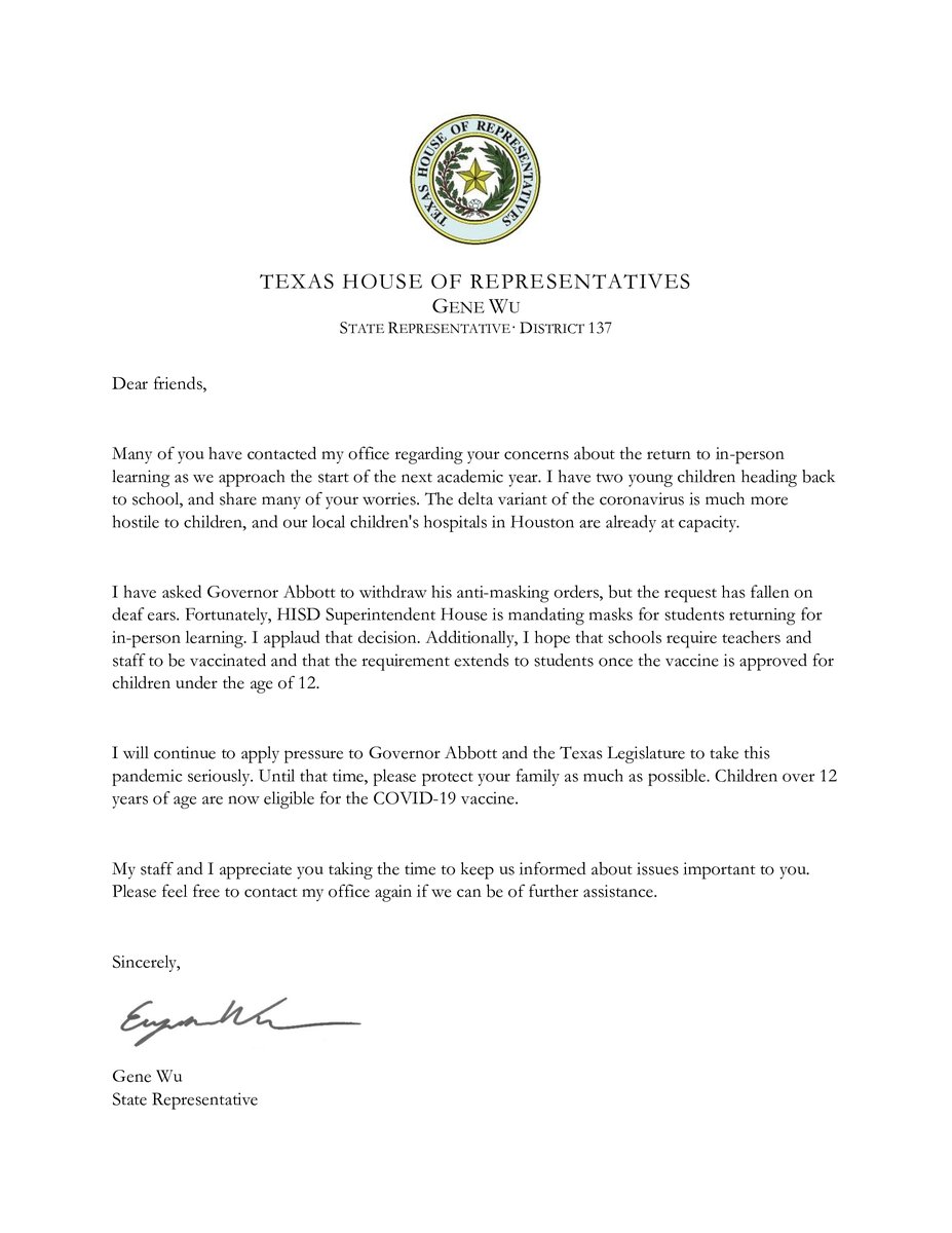 My office has been bombarded with calls and emails from parents who are concerned about their kids headed back to school in a few weeks.

I will continue to urge Governor Abbott to rescind his executive order and allow schools to require mask.