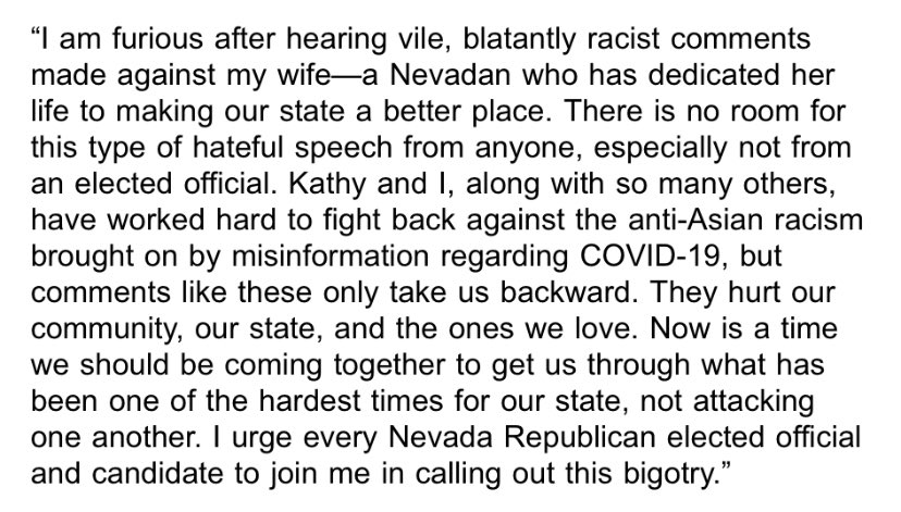 See my statement below about recent racist comments made against my wife and Nevada’s First Lady, Kathy Sisolak: