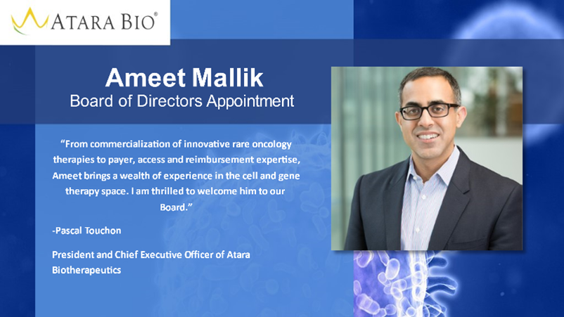 Atarabio's tweet photo. .@Ameet_Mallik joins $ATRA at a critical time as we advance our first-in-kind off-the-shelf allogeneic #Tcell immunotherapy candidate and anticipate our first approvals in 2022. We are thrilled to welcome him to our Board! #LifeAtAtara #celltherapy https://t.co/axjdIsiB6N https://t.co/cW3TJmhi06