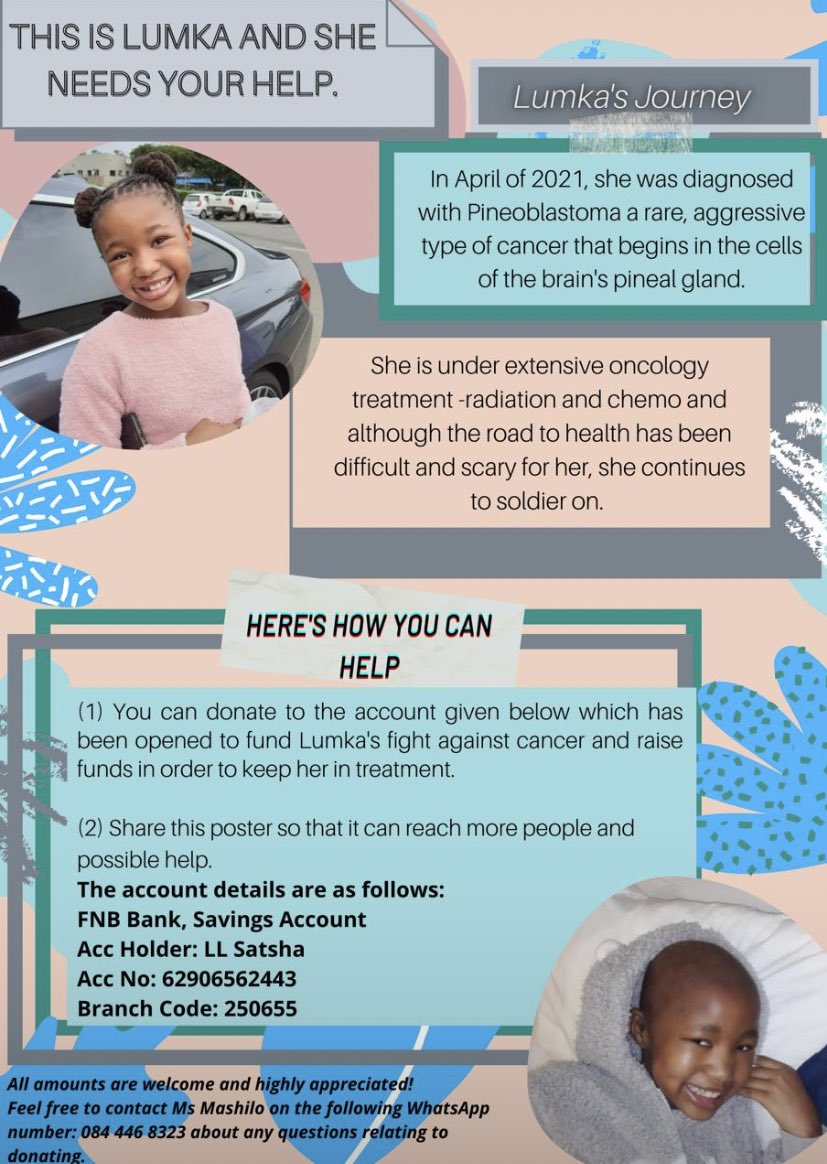buhlebontlex's tweet image. Hey everyone, hope you can lend a helping hand for someone really dear to my heart. RT to assist Lumka on her journey 🖤🖤