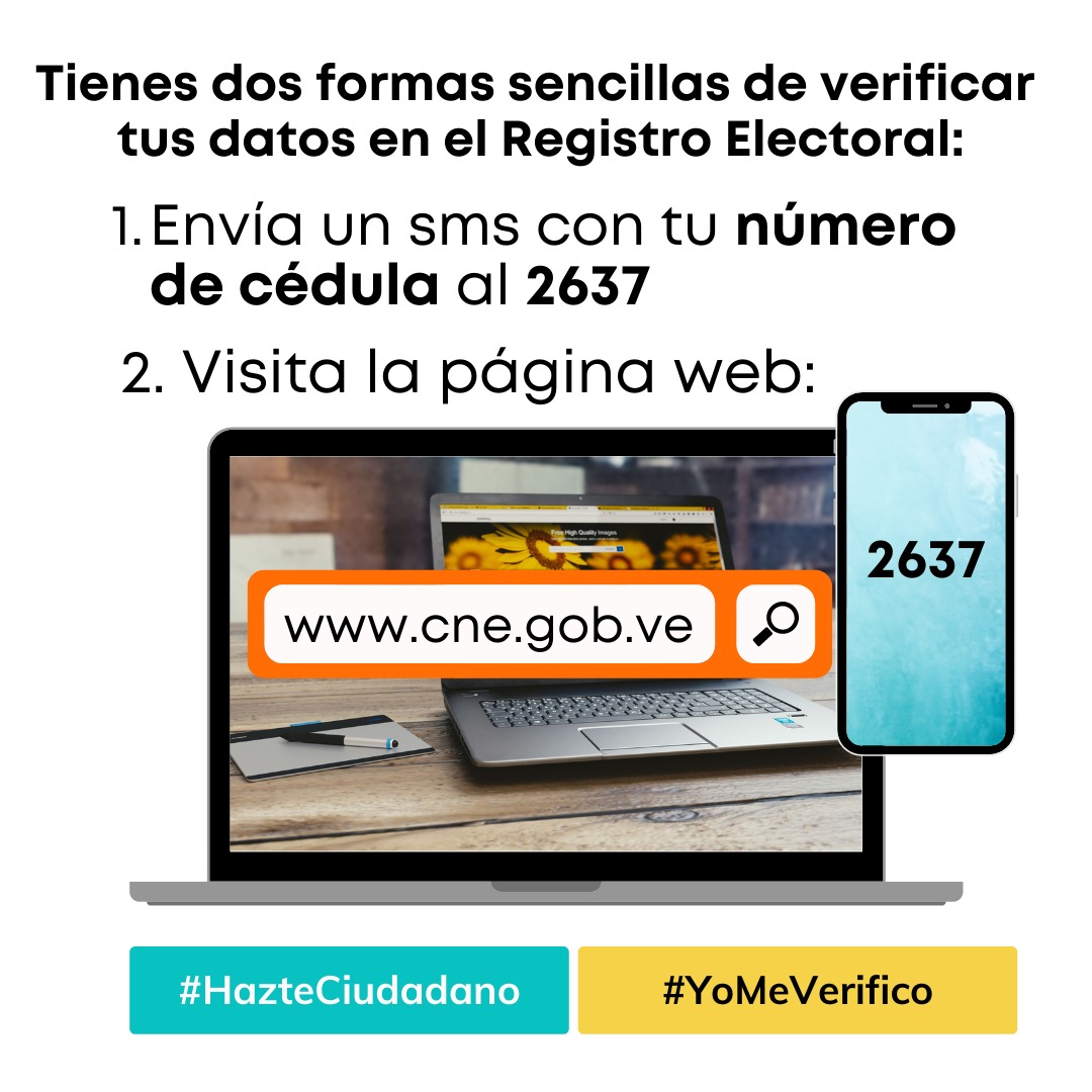 ENRIQUEMARQUEZP's tweet photo. Para saber si tus datos en el #RegistroElectoral son correctos, sólo envía un SMS con tu n��mero de cédula al 2637, o entra a la página https://t.co/Z4LutdgxGR. Verifícalos e invita a otros a hacerlo. #YoMeVerifico #HazteCiudadano https://t.co/0Ev8QpBKx7