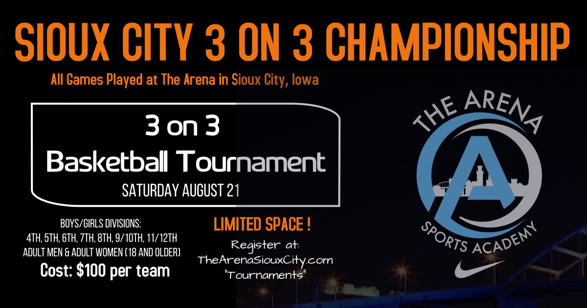 3 on 3 hoops tournament Aug 21!

Register today!

Click here:
thearenasiouxcity.com/Default.aspx?t…