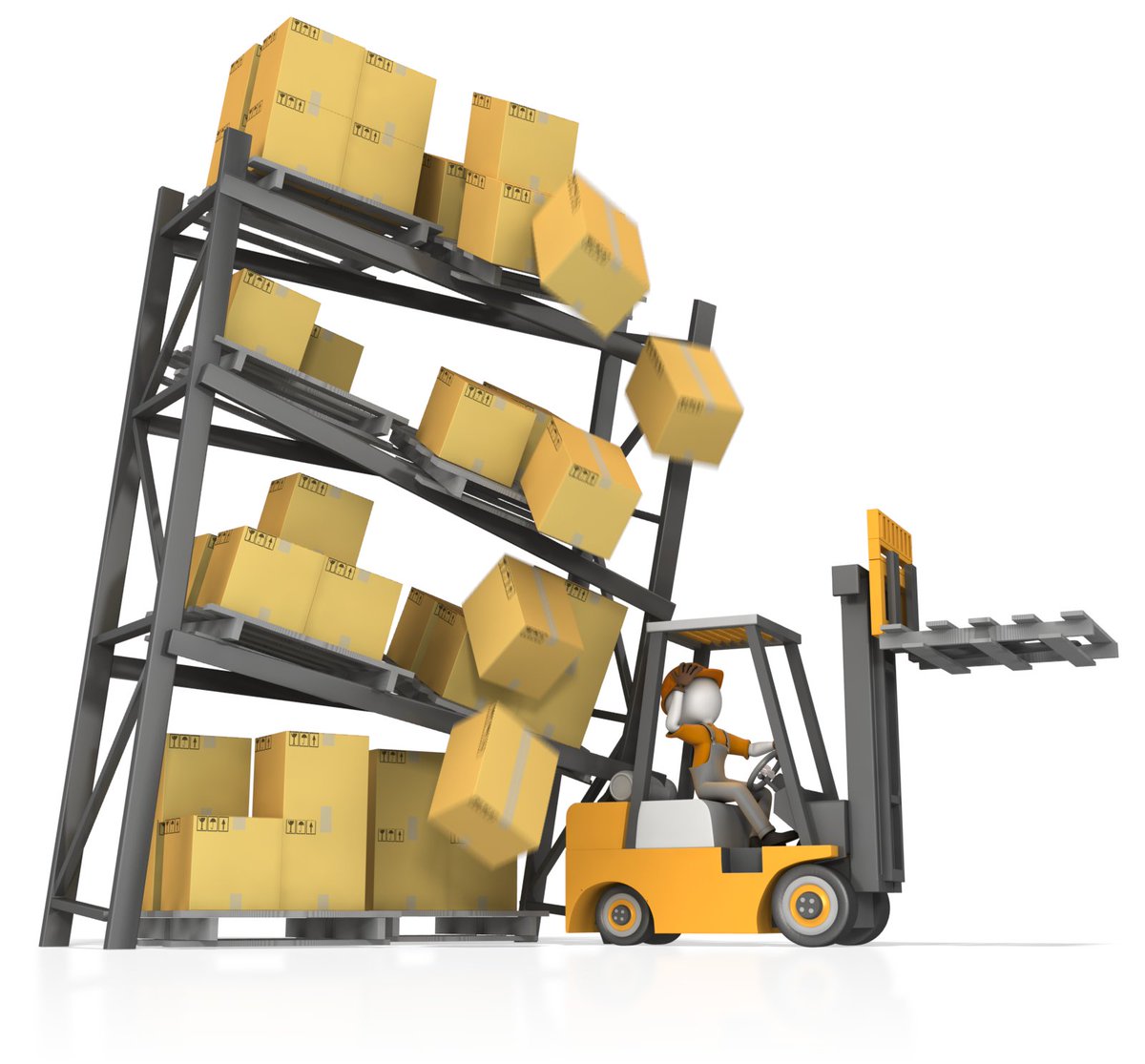 Поврежденный груз в кузове. Обрушение стеллажей. Повреждение товара на складе. Складирование тмц. Большая картонная коробка на складе.