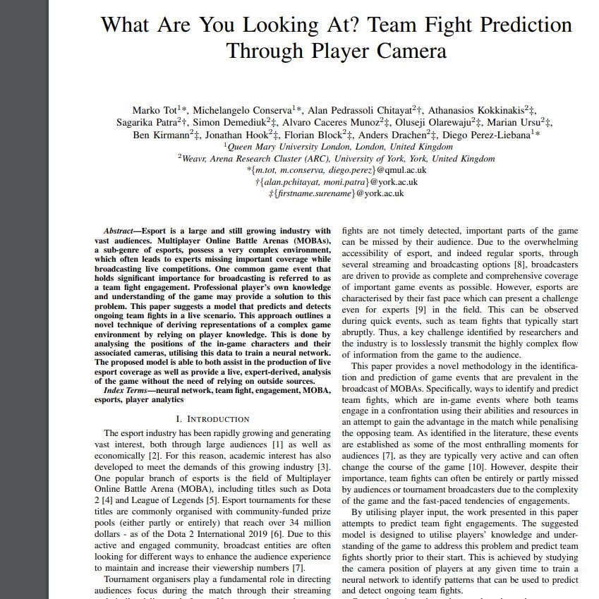 DrSethJenny's tweet photo. New citation of our #Esports research:

"What Are You Looking At? 
Team Fight Prediction Through Player Camera"

#dota2 #MOBA #EsportsAnalytics #Analytics #Esport #gaming 

Full text:
https://t.co/EFapUdQbdb https://t.co/aEKJiQqbgw