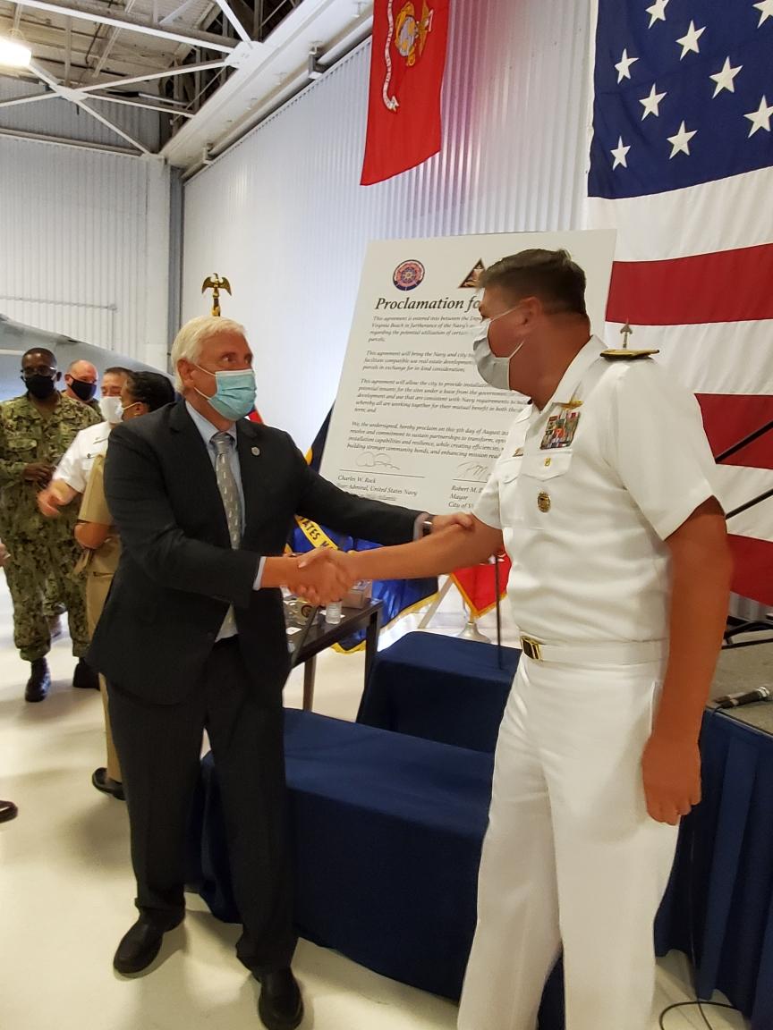 NAS Oceana will allow private development on about 400 acres of underutilized land. The ceremonial signing of the Department of Navy and City of Virginia Beach Future Base Design Non-binding agreement, between Admiral Charles Rock and Virginia Beach Mayor Bobby Dyer, on Aug. 5th.