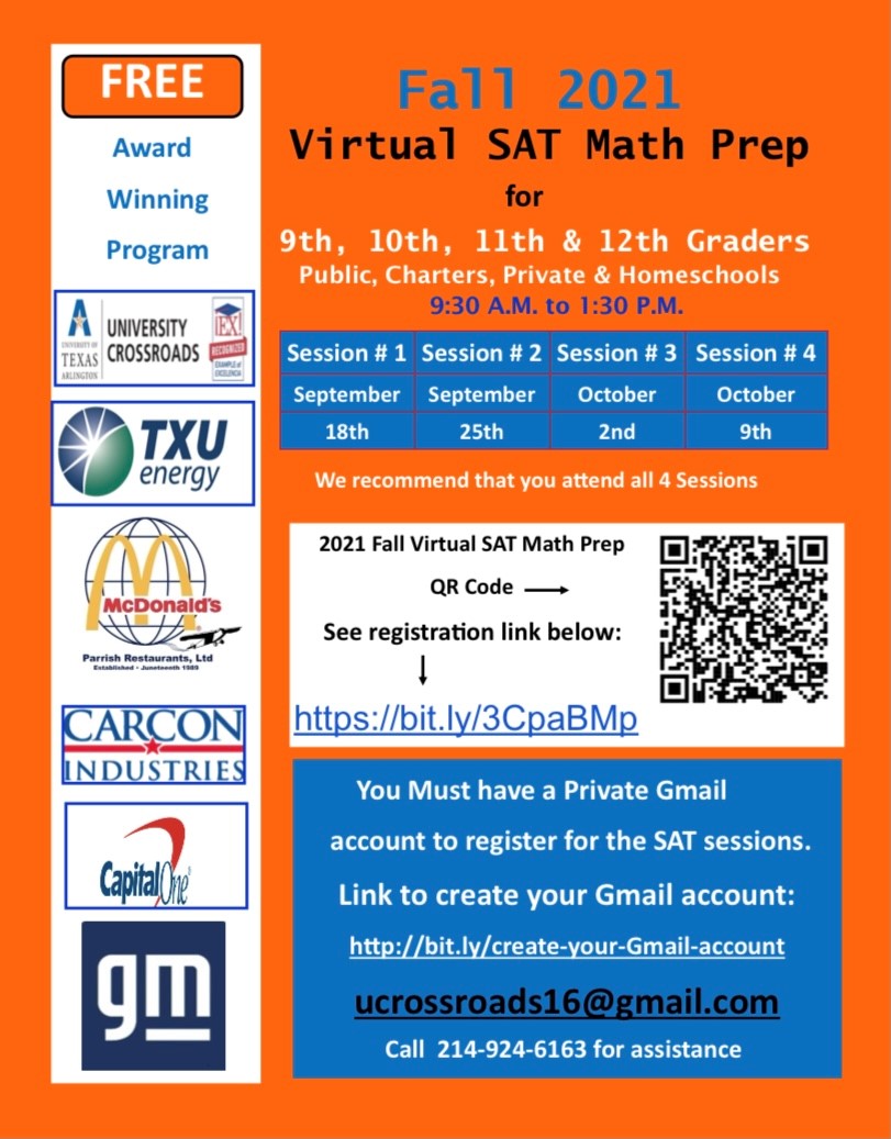 UTA is hosting FREE virtual SAT Math prep workshops! The first session is on Saturday, September 18th. Please see link and flier for additional information. bit.ly/3CpaBMp