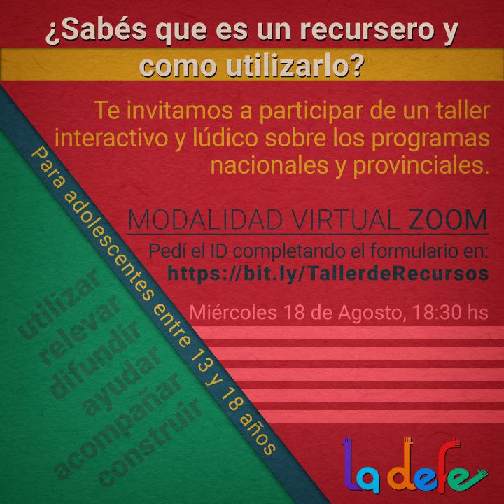 ¿Qué es un recursero? ¿Cómo relevarlo? ¿Cómo utilizarlo? 👉La Defe invita a las y los adolescentes a participar de un taller para conocer más sobre los programas nacionales y provinciales dirigidos a ellas y ellos.  completá este formulario: bit.ly/TallerdeRecurs…
¡Te esperamos!