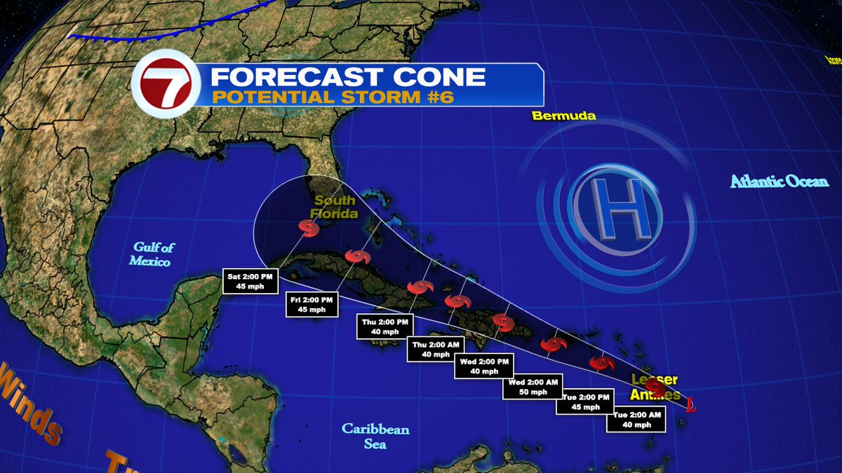 PhilFerro7's tweet photo. 5 pm Forecast Cone on NEW Potential Storm #6. This is a Tropical Storm in the making. This designation allows NHC to start issuing watches &amp; warnings ahead of schedule https://t.co/sy4WKQESx9