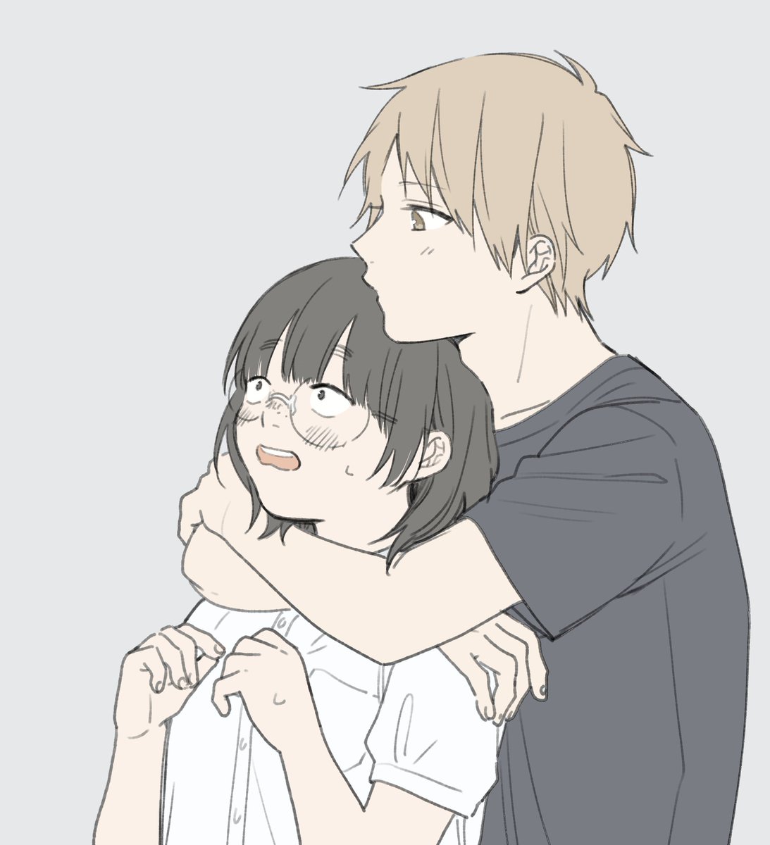 1girl 1boy shirt glasses hug blush black hair  illustration images