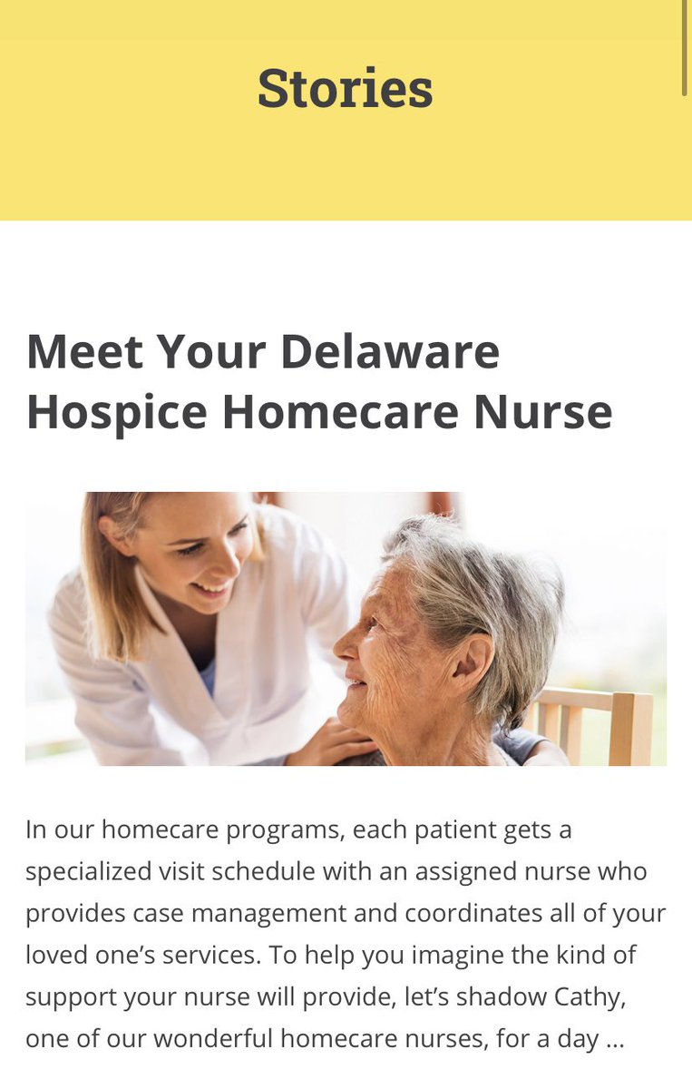 Along with blog posts on our website we have stories from patients, nurses, family members of patients, and more. This specific story shadows nurse Cathy and gives insight into her day as a home care nurse. 

You can find more stories on our website: 

delawarehospice.org/meet-your-dela…