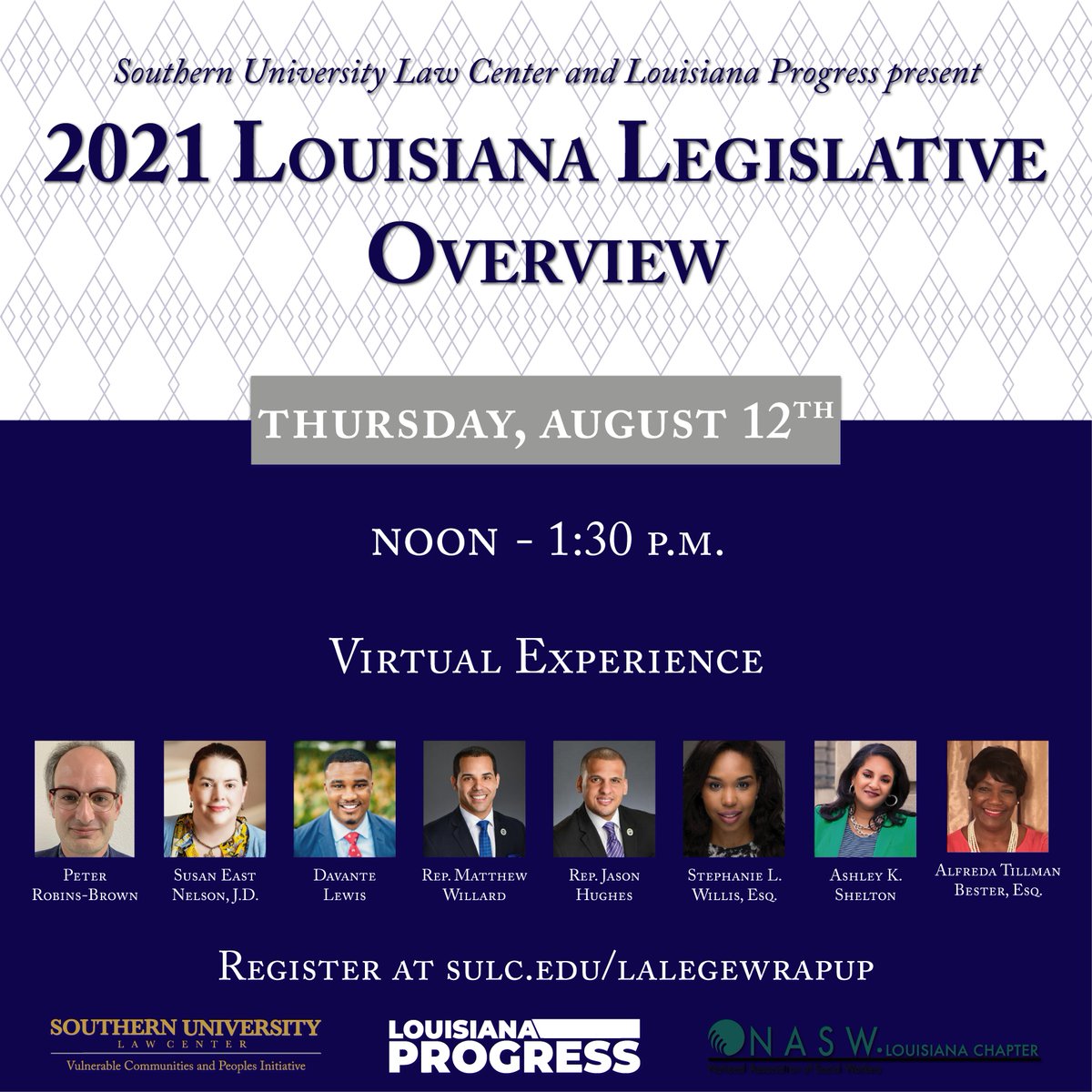 LAProgressAct's tweet image. 🚨Thursday at 12pm🚨

We're partnering with @SouthernULaw &amp;amp; @NASWLA to pull back the curtains of power in Louisiana.

We'll be joined by some amazing panelists to dive into the 2021 #lalege session, and help you better understand the issues facing our state.