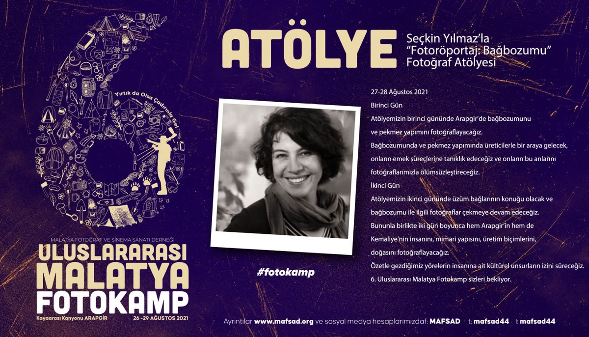 MAFSAD44's tweet photo. Seçkin Yılmaz’la “Fotoröportaj: Bağbozumu Atölyesi”
27 Ağustos'ta Malatya'nın Arapgir ilçesi ve 28 Ağustos'ta Erzincan'ın Kemaliye ilçesinin
Hem bağbozumunu hem de insana dair şeyleri fotoğraflamak isteyenler? 🏕️ 📷 🌲🌳
📌 Kayıt ve bilgi için;
https://t.co/AHP6O75ZVb
#fotokamp https://t.co/wsvMBQAhF3