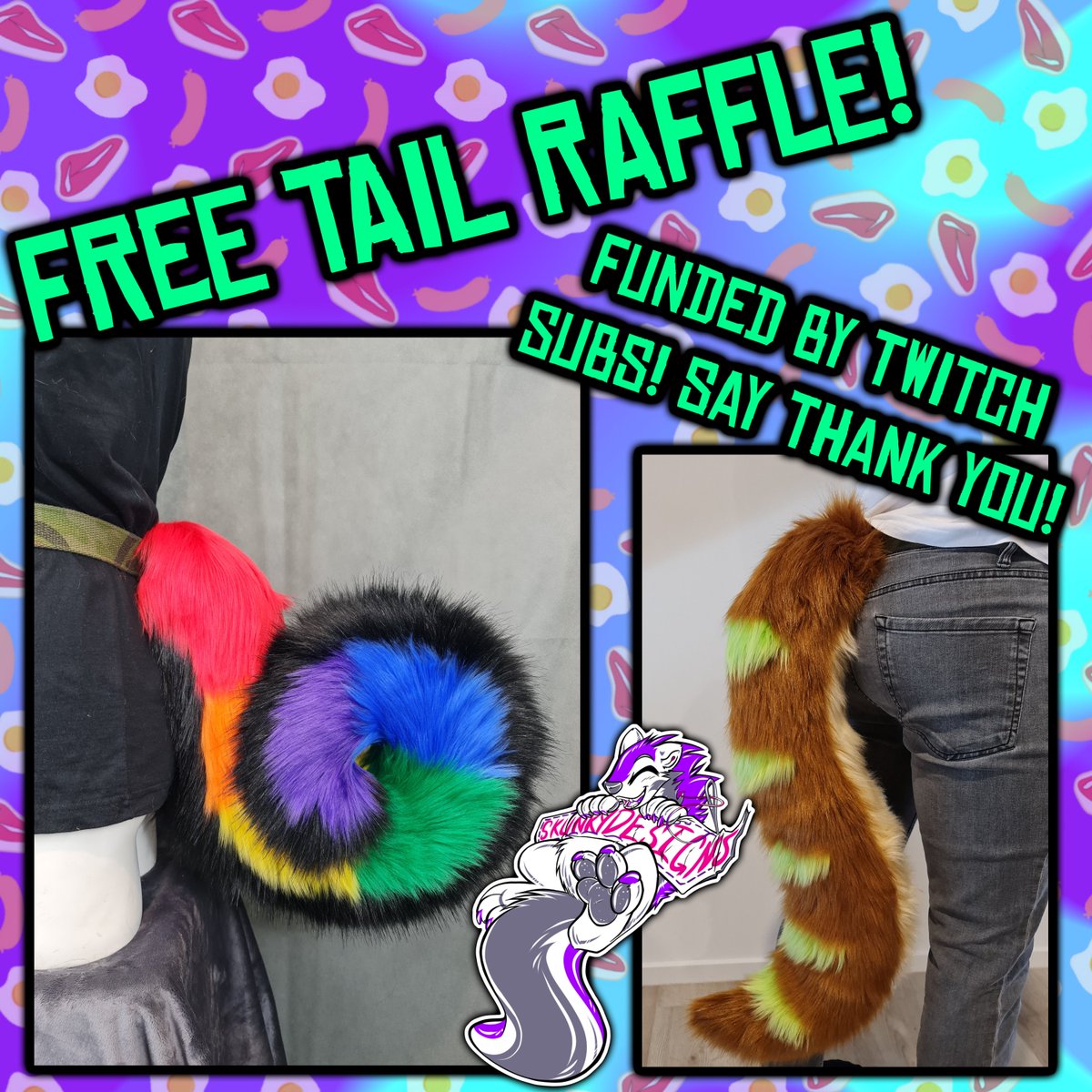 SkunkyDesigns's tweet photo. 🍕 FREE TAIL RAFFLE🍕

~ Win a custom tail (some design limits apply) ~

To enter you must:
- FOLLOW and RETWEET on Twitter
- Follow on Twitch
- Leave a comment!
- No QRTs (raffle picker can't see them) or raffle accounts

This has been funded by our lovely subscribers on Twitch! https://t.co/dUhEvbJsZw