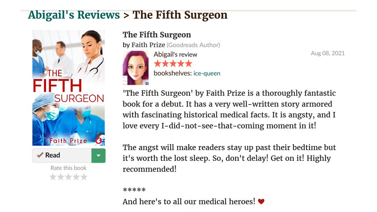 Thank you for the lovely review, @itsnotaboutAbby! 🥺

The Fifth Surgeon: amzn.com/dp/B09BR65LP5

#wlwromance #lesbianromance #lgbtqbooks #lesfic