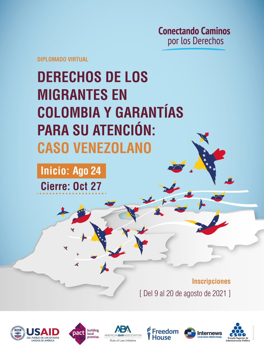 PactColombia's tweet photo. ☝️🗣Inscripciones abiertas para el diplomado virtual “Derechos de los migrantes en Colombia y garantías para su atención: caso venezolano”. Iniciativa de @ESAPOficial en alianza con el #ProgramaDDHH de @USAID_Colombia. ➡️https://t.co/3sq7Vfk4jC #ConectandoCaminosPorLosDerechos 🤝 https://t.co/pqEWiSyTPP