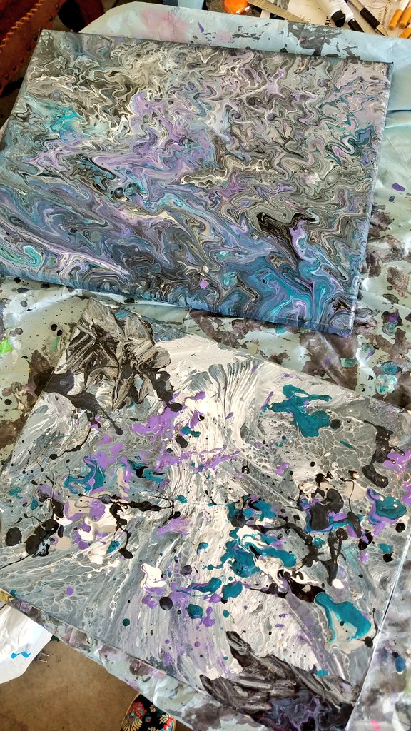 MinxyMisty's tweet photo. Here the finished pieces are but I need help!! I named the #acrylicpour/#stringpull/#splatterpainting Calamity Jane as I kept going & fucked her up a bit I feel, but I never do this. I literally just couldn't decide on a name for the other. You guys help me give her a name. #art https://t.co/6AwrDnTWWs