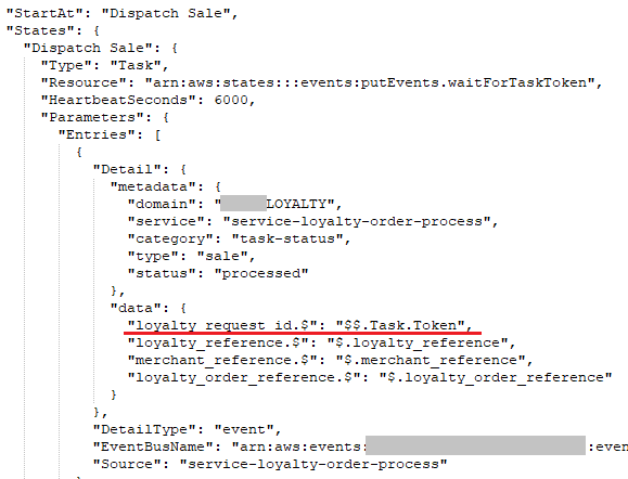 sheenbrisals's tweet photo. Nice thing about Step Functions integration with #EventBridge is that we can assign "$$.Task.Token" to any attribute &amp; doesn't need to be the "TaskToken" as seen in the boilerplate script.

Useful while dealing with custom events &amp; schema.

#Serverless #AWS @awscloud https://t.co/igoFtdfPyE