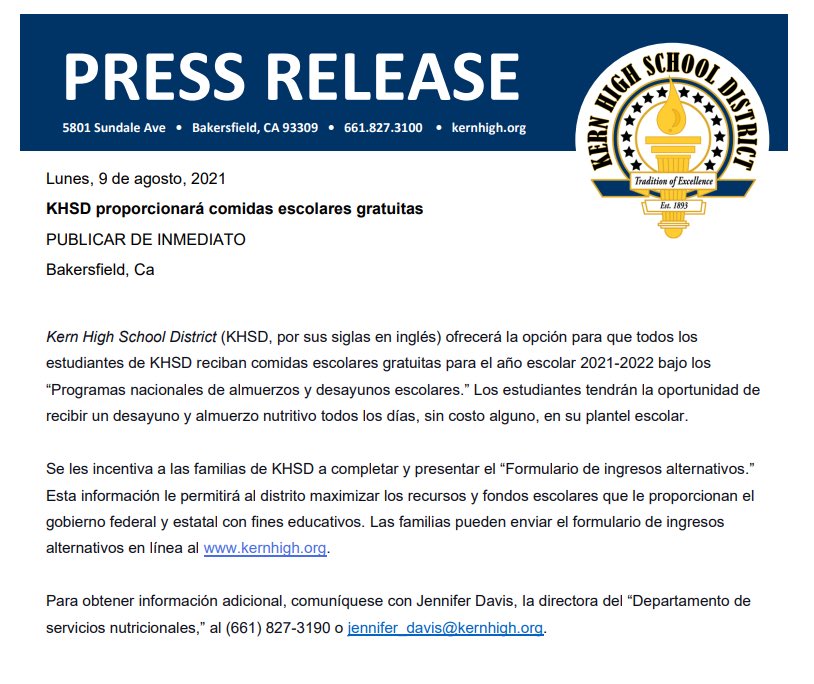 All KHSD students will have the option to receive free school meals for the 2021-2022 school year. Families are encouraged to fill out an alternative income form here: kernhigh.rocketscanapps.com