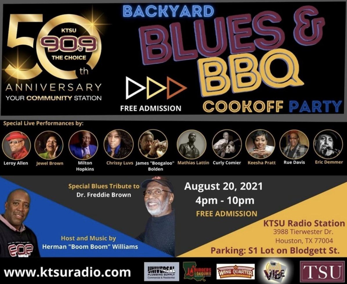officialKTSU909's tweet photo. The BACKYARD BLUES and BBQ Cookoff Party! 🎉 FREE ADMISSION! Show up and have a good time! See you there! 
• #goodvibes #music #thevibehouston #htx #ktsu #summertime #KTSU #KTSUradio #KTSUAPP #KTSUstrong #KTSU909FM #KTSUMember #publicradio https://t.co/E88CM5YVK9