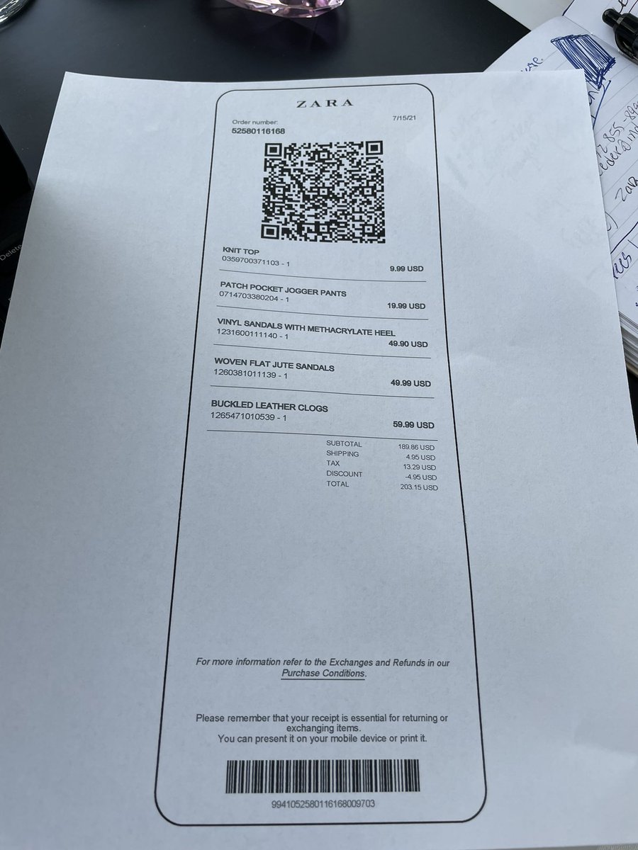 lisakross's tweet photo. @ZARA_Care I’m trying to return items from an online order but keep getting error message. I’m within the return window but continue to have problem.  Here’s the order e-ticket. Want to return items 2-5 including an exchange of vinyl sandals dorm sz 9 to 8. https://t.co/KAmk0VFI1c