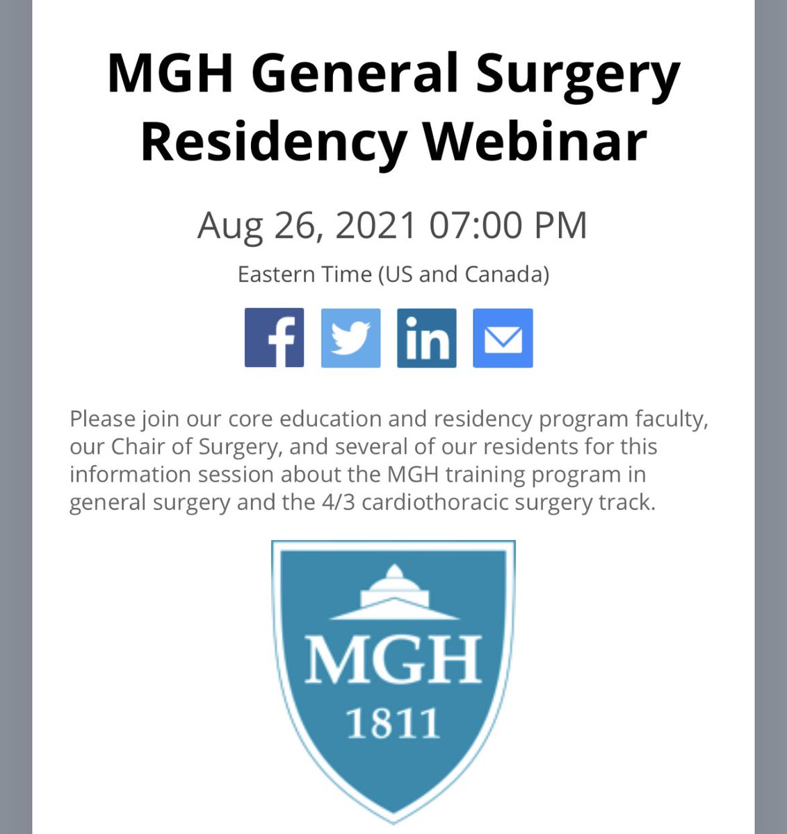 Why are residents the pinnacle of our Department? Please join our General Surgery Residency Webinar to hear more from residents and department leaders and faculty about what makes our program so special. Registration is now open: partners.zoom.us/webinar/regist…