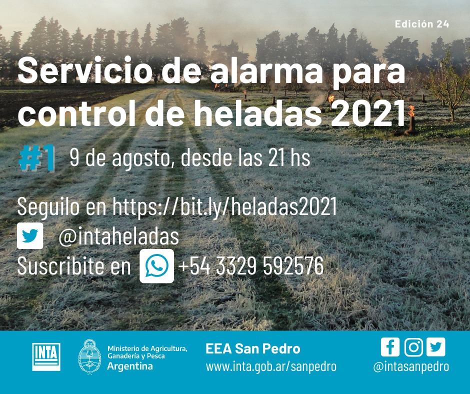 IntaHeladas's tweet photo. Primera noche del #serviciodealarma para ❄️#controldeheladas con mensajes horarios, desde las 🕘 21. Pueden seguirnos en Twitter @intaheladas, en Facebook @INTASanPedro, o suscribirse por Whatsapp al +54 3329 592576 https://t.co/FCHmgMbZQM