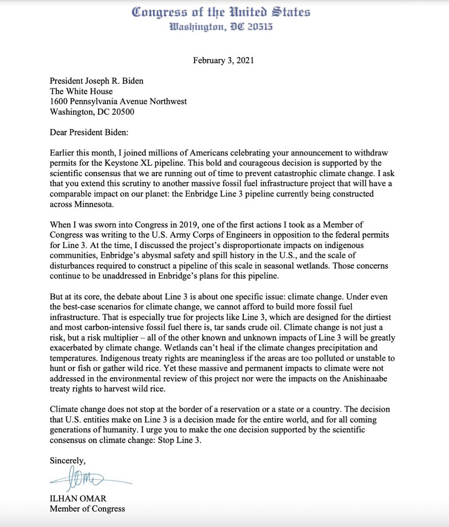 IlhanMN's tweet image. I wrote to @POTUS at the beginning of the year asking him to end the Line 3 Pipeline project. It still continues. After the awful violence inflicted on protestors over the weekend, the President and @GovTimWalz have to act.