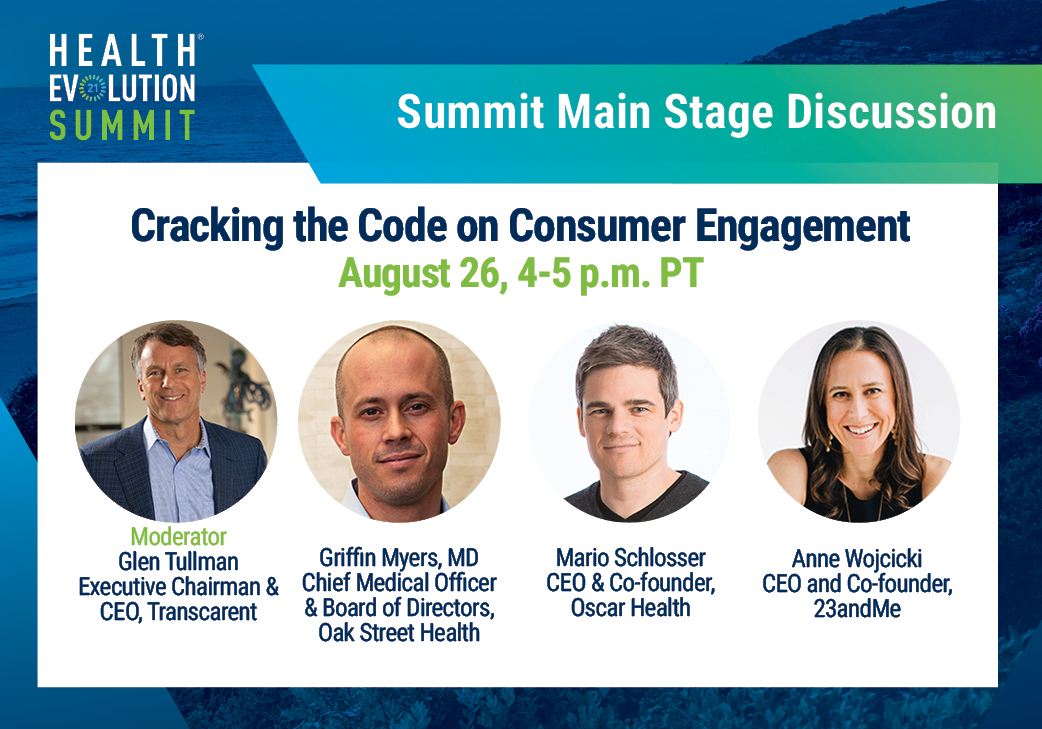 HealthEvolution's tweet photo. Join @GlenTullman @transcarent, @GriffinRMyers @OakStreetHealth, @annewoj23 @23andMe, and @mariots @OscarHealth virtually at the #HESummit #TheHealthSummit.
More info here: https://t.co/HjjRqR3SAZ https://t.co/3KnCKhfY80