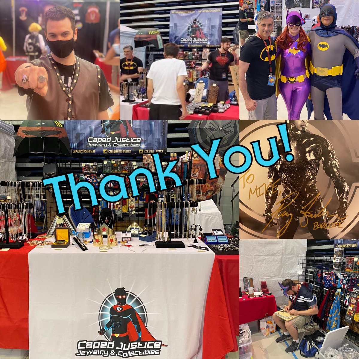 Caped_Justice's tweet photo. First #comiccon in a AWHILE in the books! Thanks to everyone who came out to see us. Met a lot of swell people including @ray8fisher , @entrancetohell and my booth neighbor Bull (and his mom) who bought literally all my #Batman Batman stuff 🤣
#eternalcon #borglife #jewelry https://t.co/xwVEFkaIxE