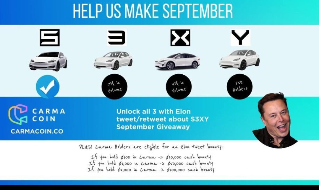 CarmaCoinCrypto's tweet photo. @Tesla @elonmusk Hey Elon!  Help us make September S3XY!  Giving away 4 Teslas if you just give us a shoutout!  😉

#carmacoin #s3xyseptember #Tesla #ElonMusk https://t.co/s1zKGJAw1j