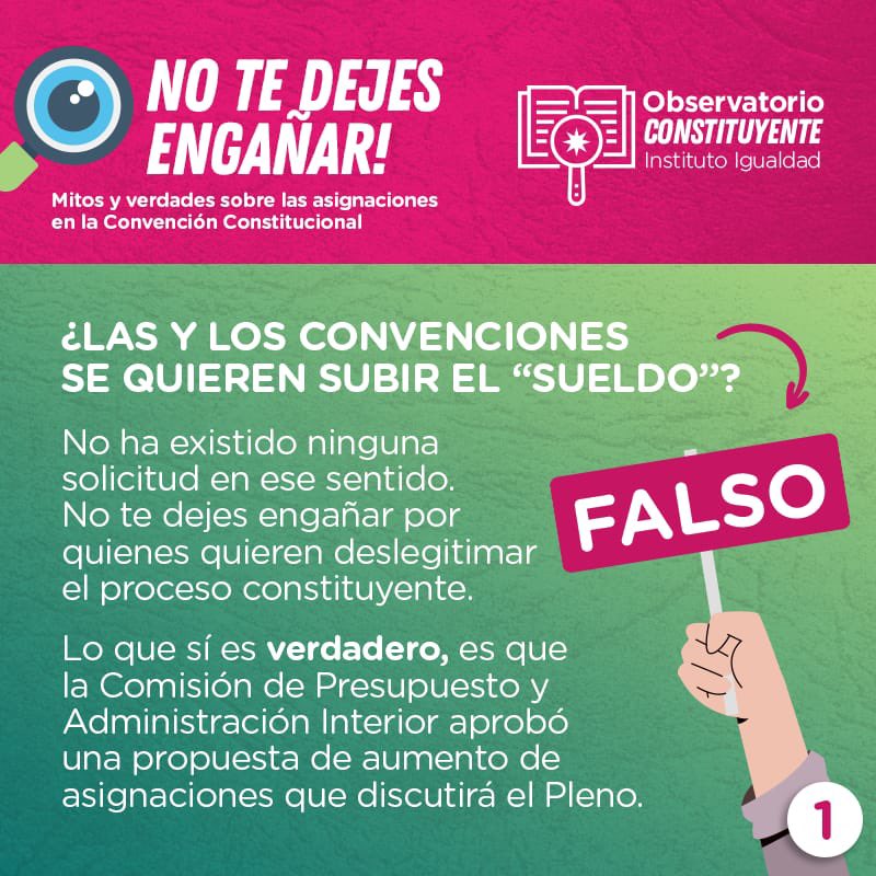 iigualdad's tweet photo. ¡No te dejes engañar! El #ObservatorioConstituyente del Instituto Igualdad y @FESChile explica los mitos y verdades sobre las asignaciones de la #ConvencionConstitucional https://t.co/rin6iBgdzu