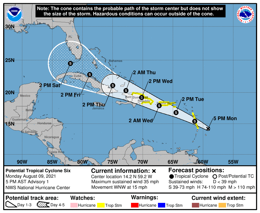 abmetservice's tweet photo. #TropicalDisturbance_AL94 is now #PotentialTropicalCyclone_Six. An alert remains in effect fot the #LeewardIslands and #BritishVirginIslands; however, no watches or warnings are required for those islands, at this time. https://t.co/TCoPQ2bvDo https://t.co/b5pOjKJz3s