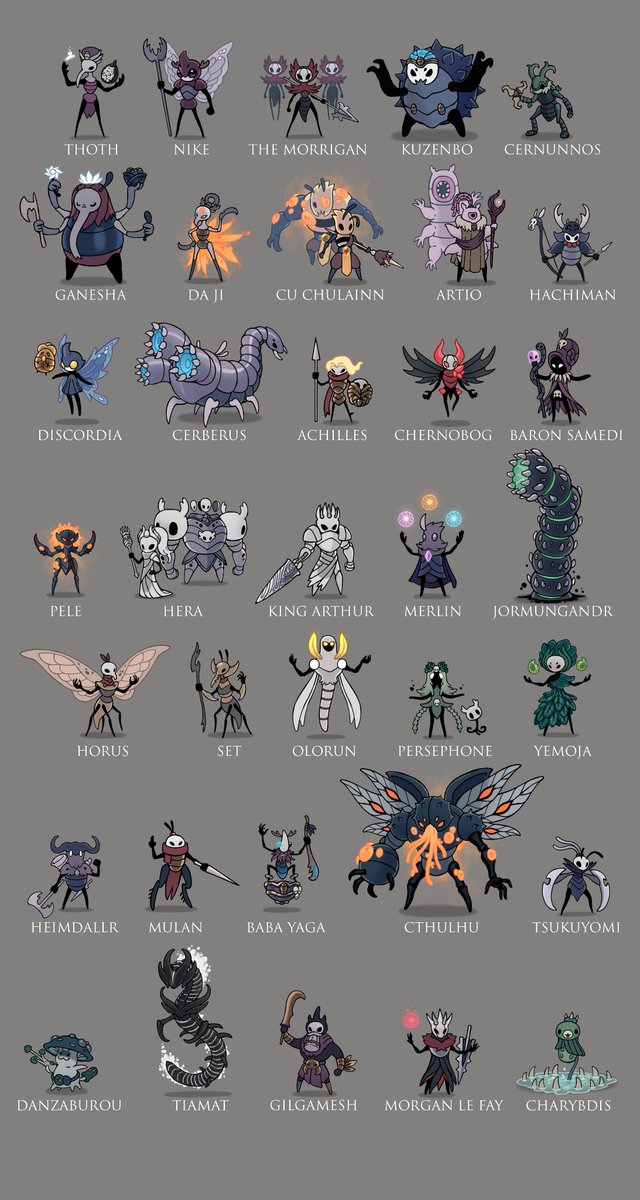 Something I've been working on. All of the SMITE Gods, Heroes, and Monsters set in Hollow Knight.