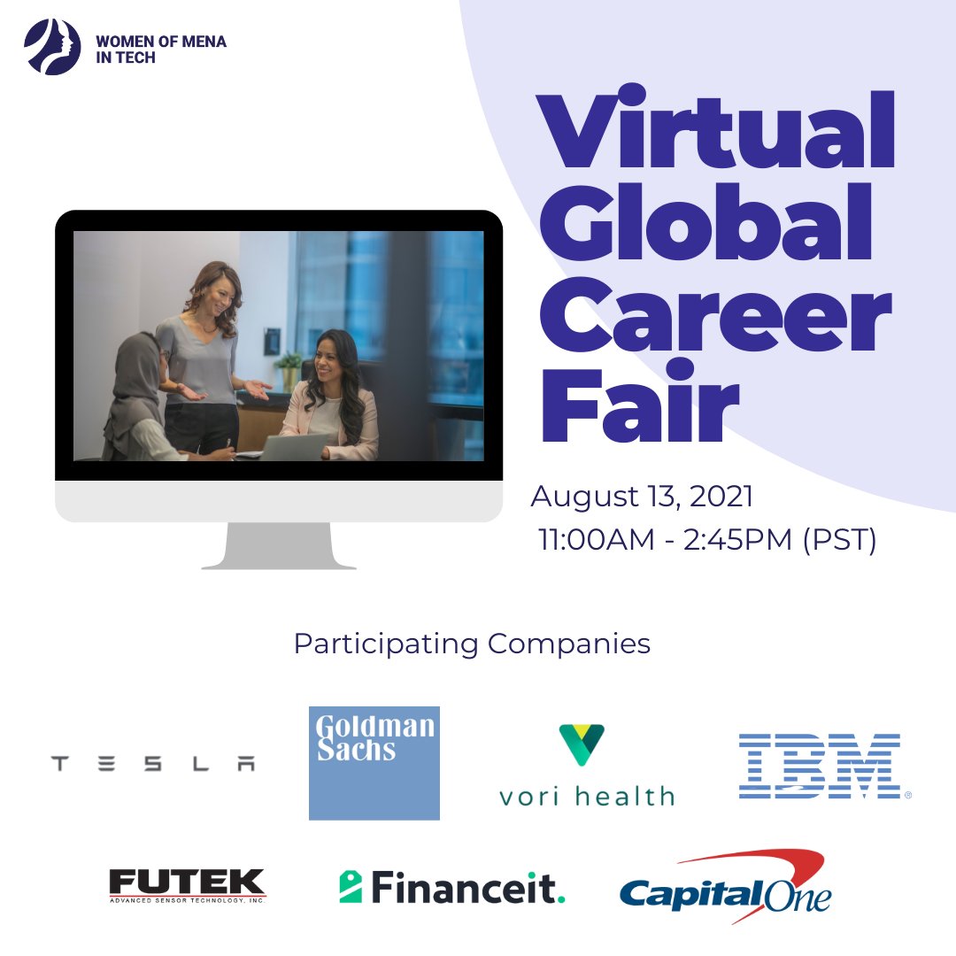 PersianWIT's tweet photo. Join #WoMENAIT on Friday August 13th for our annual #VirtualGlobalCareerFair2021.
Participating companies:
#Tesla #GoldmanSachs #FUTEK #VoriHealth #IBM #Financeit #CapitalOne
Ticket: https://t.co/T6XiZpprCg
Are you hiring? Email us at events@womenofmenaintechnology.com https://t.co/NIM6DOLcZW